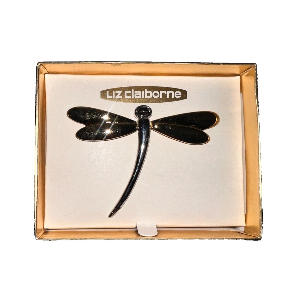 Liz Claiborne Dragonfly Pin Brooch 2-Tone Silver Gold Figural Rhinestone Jewelry